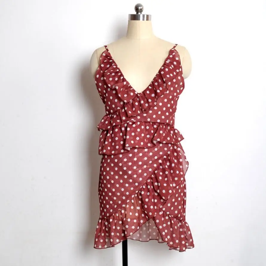 2019 Summer Sexy Deep V-Neck Polka Dot Chiffon Dress Ruffled Irregular Short Mini Dresses Women'S Clothing Beach | Женская одежда