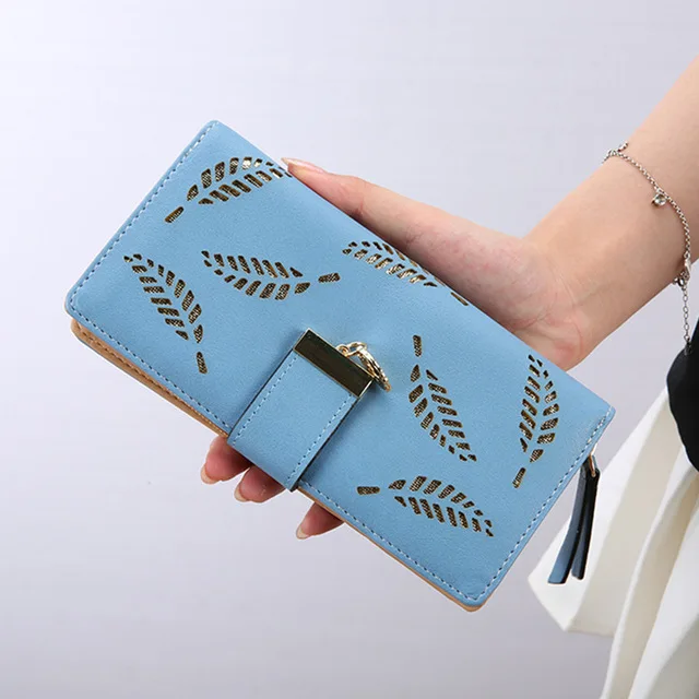Blue Женский кошелек, кожаный женский кошелек, держатель для карт, монета, чехол-бумажник для телефона, карман для наличных, фото, клатч, сумка для хранения, дизайн с листьями - Цвет: Blue