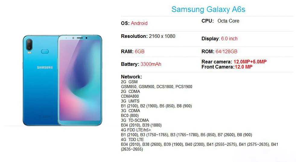 

Samsung Galaxy A6s G6200 Smartphone 6.0" 6GB RAM 128GB ROM Snapdragon 660 Octa Core Mobile Phone 3300mAh Android Cellphone