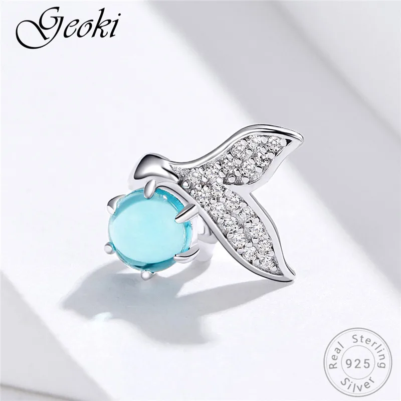 Geoki 925 пробы Серебряный Океанский синий кристалл хвост русалки Шарм fit Pandora браслет S925 круглый камень рыба бусины Подарок