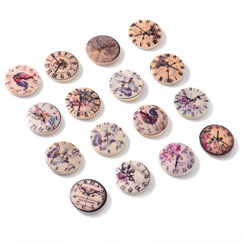 50 шт./пакет часы в стиле ретро деревянные пуговицы с 2 отверстиями высокой резьбой