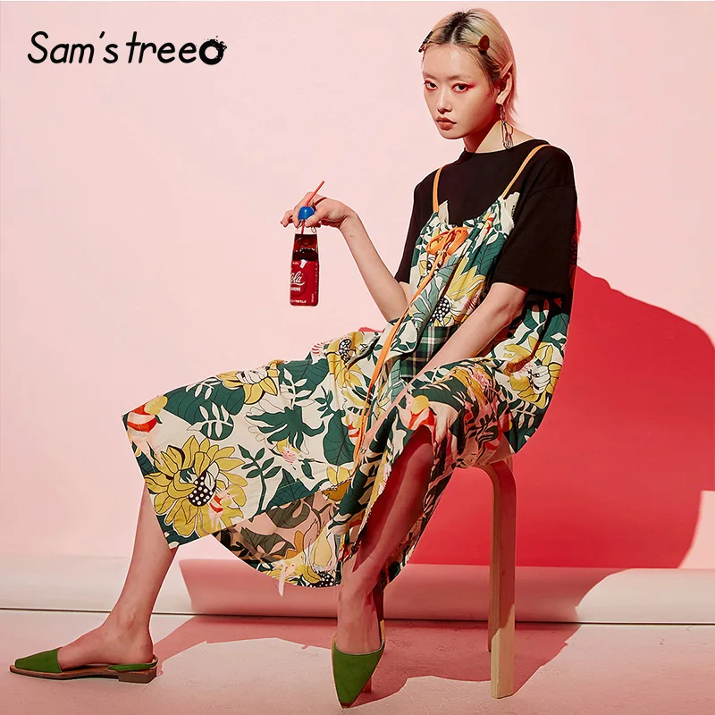 Samstree, женское платье с принтом, на тонких бретелях, для женщин, плюс размер, а-силуэт, бохо, праздничные платья, пуговицы, без бретелек, женское пляжное платье