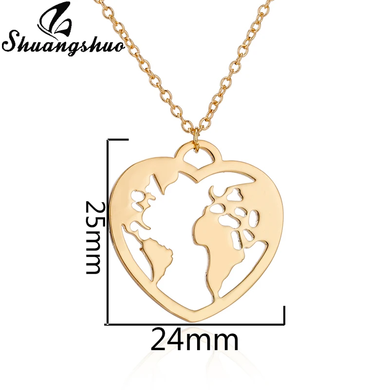 Shuangshuo Necklaces For Women Stainless Steel World Map Pendant Necklace Heart Shap Choker femme collares bijoux collier | Украшения и
