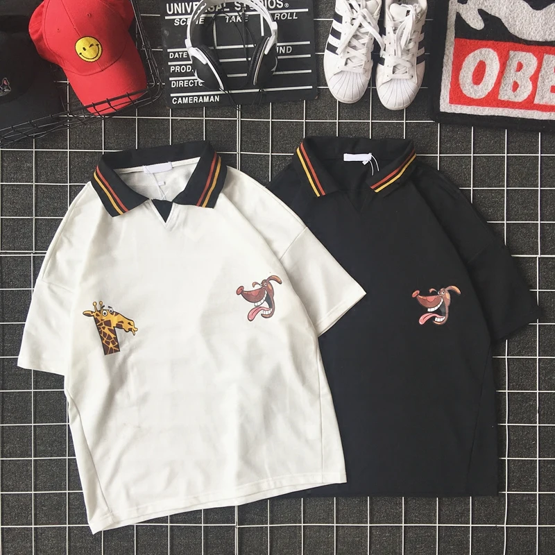 New port wind Japanese retro giraffe cartoon short-sleeved polo shirt Korean loose couple lapel top | Мужская одежда