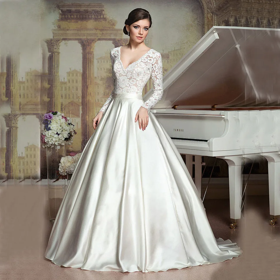 SexeMara Wedding Dresses 2017 De Noiva Vintage Princess V-neck Illusion Beaded Long Sleeves Ball Satin | Свадьбы и торжества