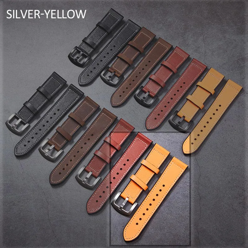 YELLOW SILVER Creative Leather Silicone Watch Band 22mm Brown Black Belt for Men Watch Apple Samsung Galaxy Watch Luxury Leather Strap Belt - Цвет ремешка: YELLOW SILVER