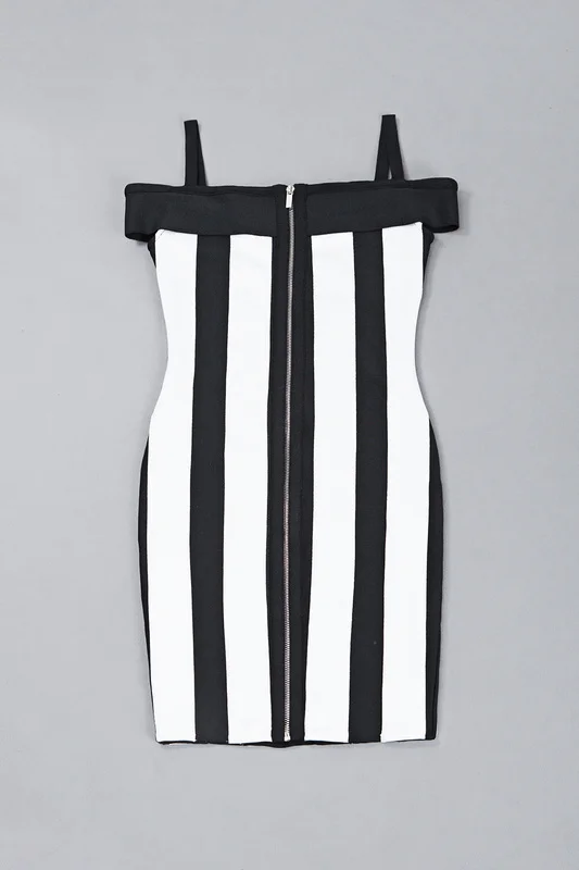Celebrity Black White Slash Neck Vertical Striped Rayon Bandage Dress Club Party | Женская одежда