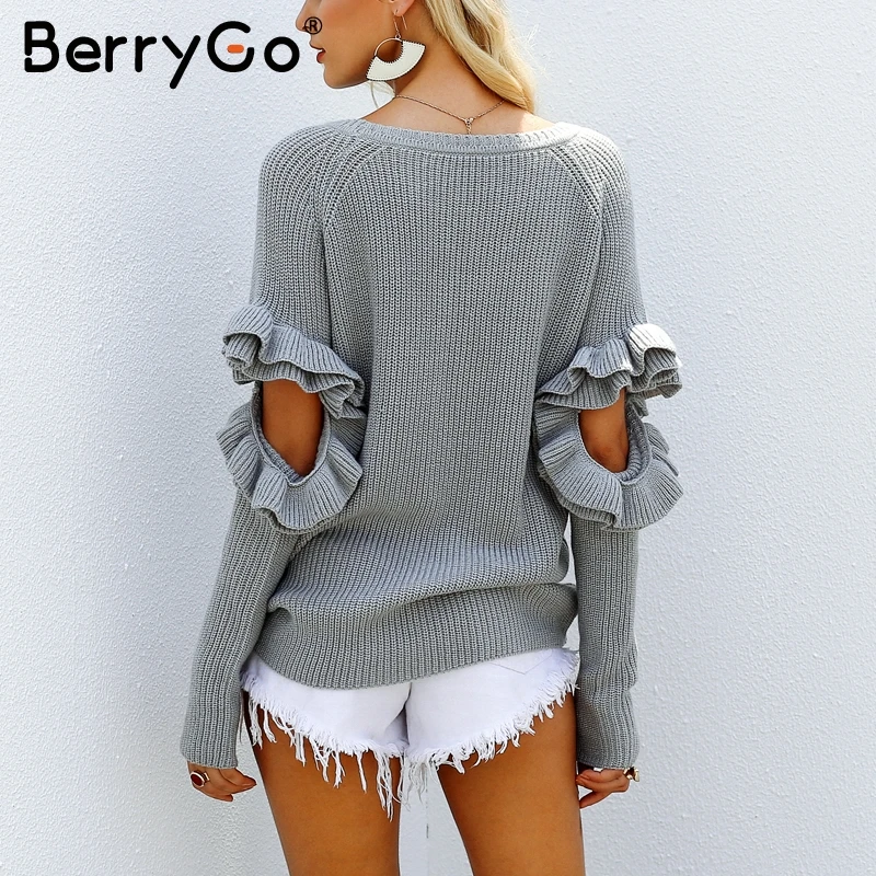 BerryGo Hollow out ruffle sleeve sweater pullover Casual loose warm 2018 Streetwear pull femme jumper | Женская одежда