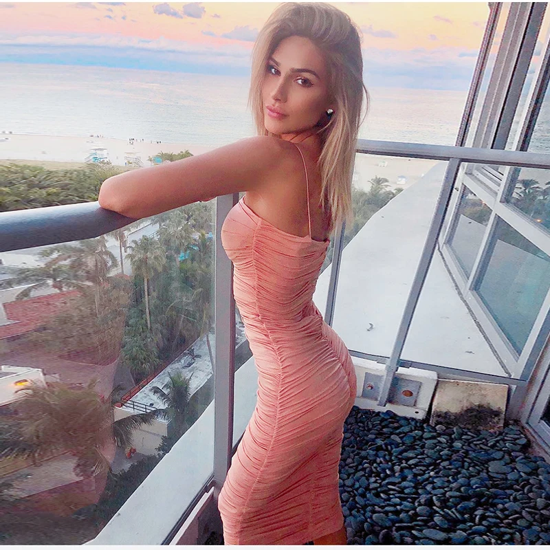 Pink Colysmo 2 Layers Bodycon Women Dress Summer Pleated Long Dress Woman Party Night Slim Fit Sexy Dress Maxi Pink White Robe - Цвет: Pink
