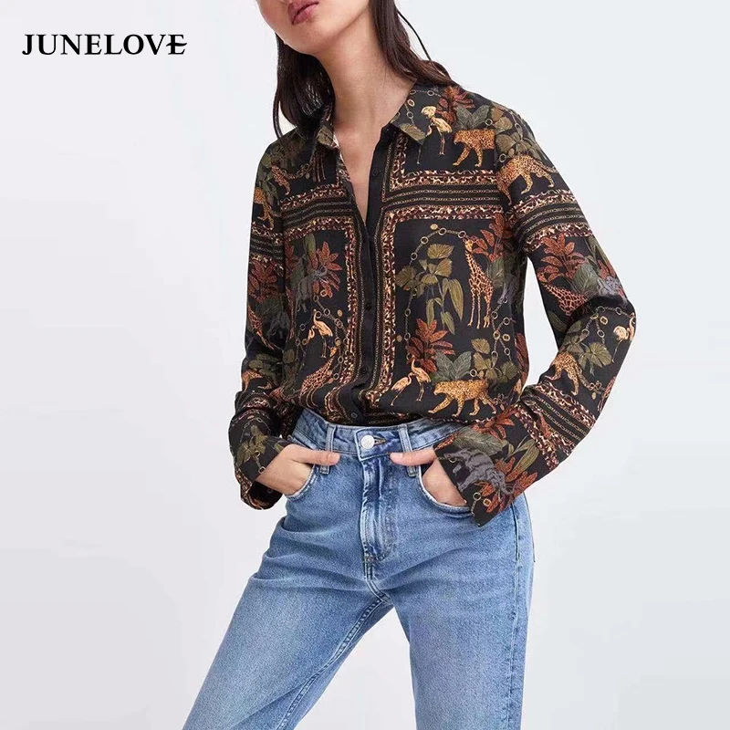 JuneLove Женская пружинная цепь с животным принтом Блузка Рубашки Винтаж отложной