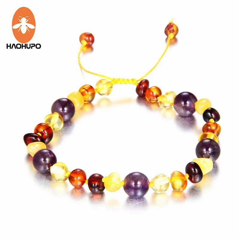 HAOHUPO Multicolor Amber Bracelet with Natural Amethyst Braided Bracelets Baby Anklet Handmade Fine Jewelry Cool Elegant Bijoux