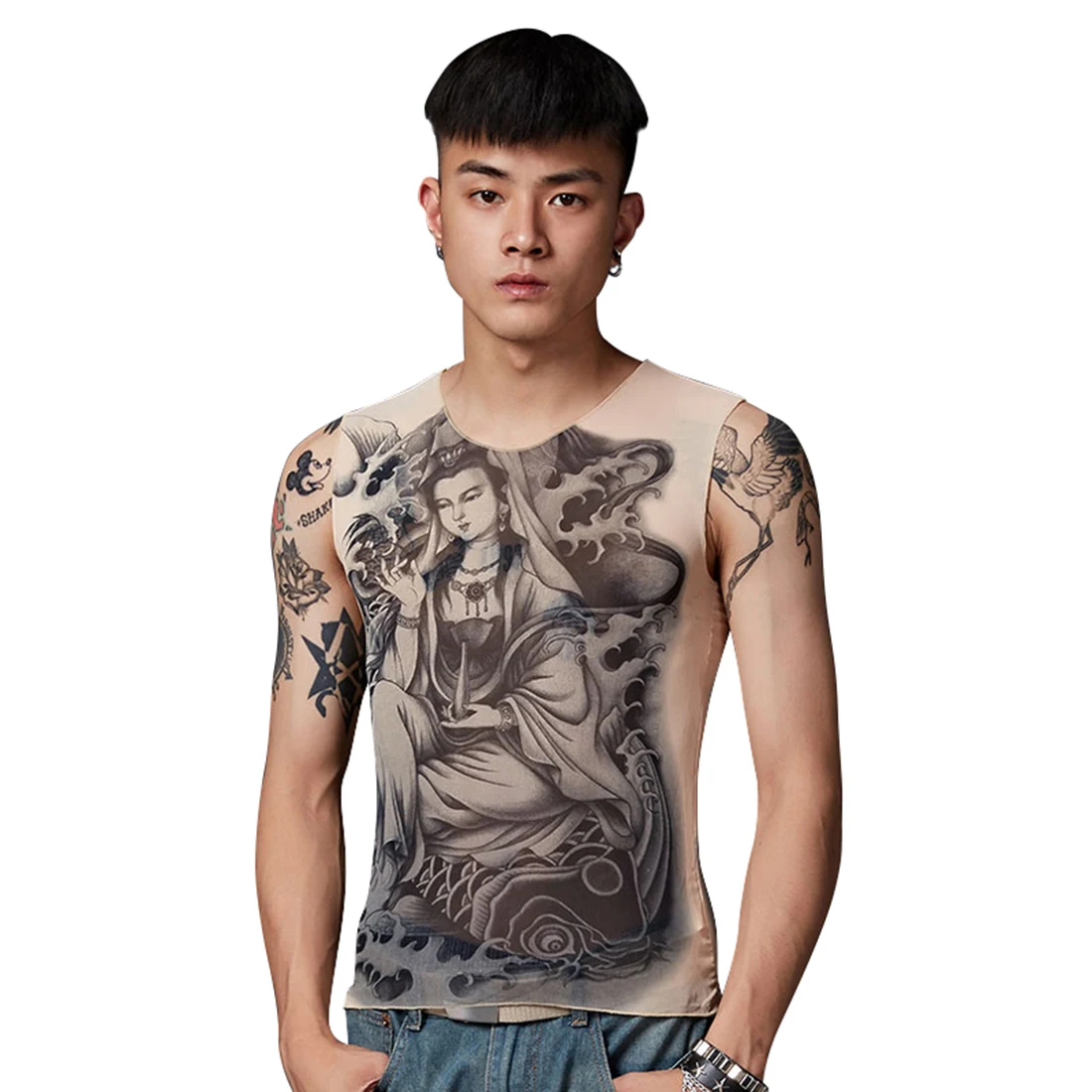 Модный мужской жилет без рукавов с рисунком дракона Будды эластичный Топ для