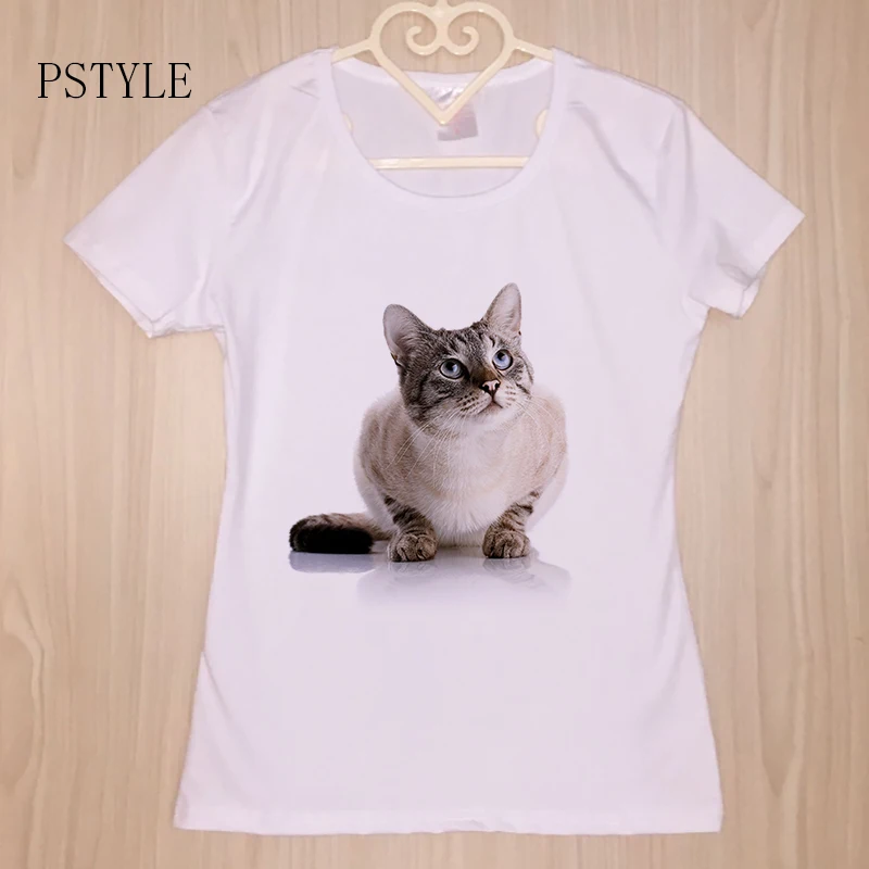 PSTYLE Tshirt 2018 Summer Short Sleeve Women T-shirts Kawaii Animal Cat Casual T Shirt Fashion Tops O-Neck Modal | Женская одежда