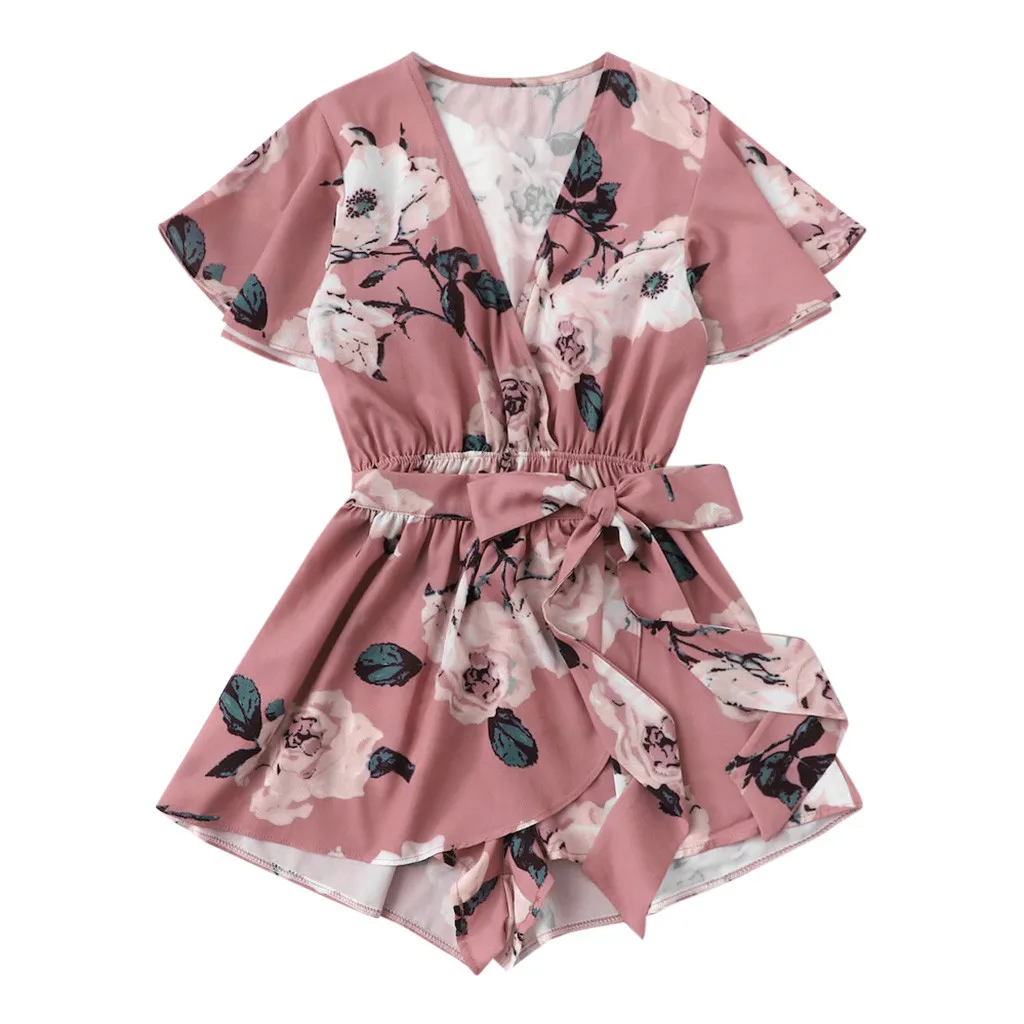 Женский комбинезон с бантом летние шорты v-образным вырезом и цветочным принтом