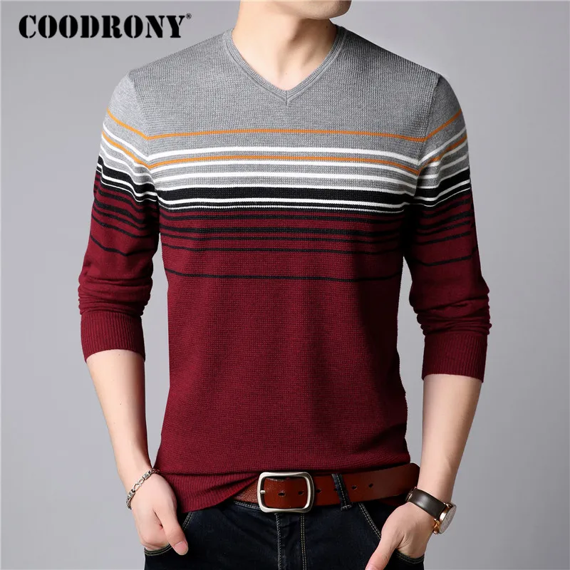 COODRONY свитер для мужчин Уличная мода полосатый v-образный вырез трикотаж Pull Homme Осень Зима хлопок шерсть пуловеры мужские свитера 91025