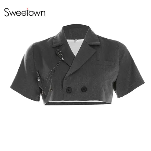 gray Sweetown черные короткие куртки и куртки на одной пуговице Женские Короткие рукава отложной воротник с широкой талией летняя куртка осень - Цвет: gray