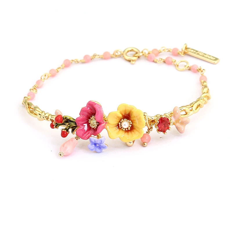 Эмалированный женский браслет ручной работы с розовыми цветами и ветками
