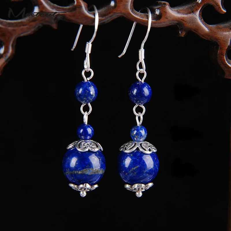 Женские длинные висячие серьги с голубыми бусинами из натурального лазурита