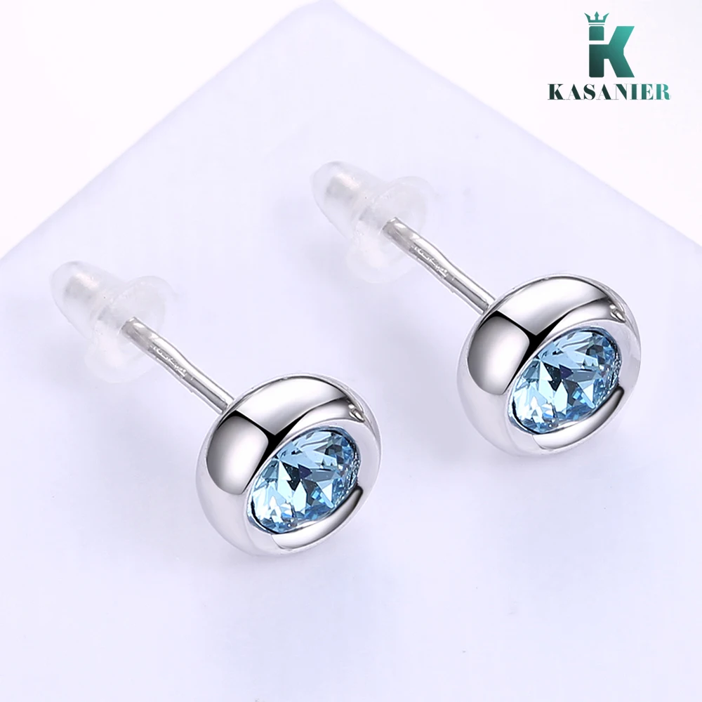 KASANIER Мода 100% 925 пробы серебряные серьги гвоздики круглой формы синий кубический