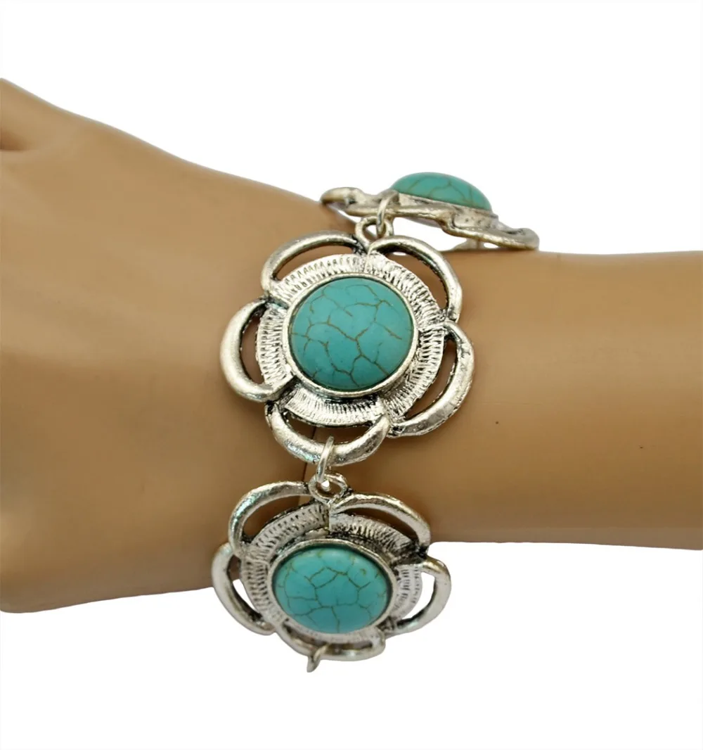 Vintage Charm Flower Turquoise Bracelet Bangles Bohemian Tibetan Silver Retro Tribal Women Girl Festival Gift Cheap Jewelry | Украшения и