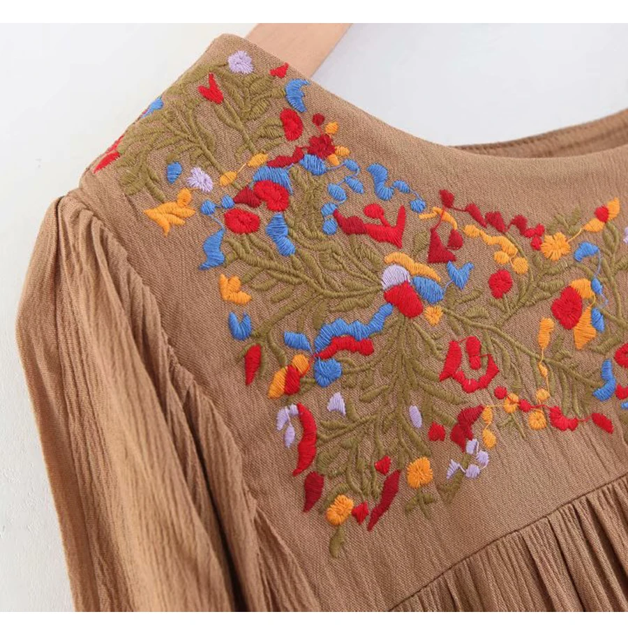 TEELYNN long dress for women cotton floral embroidery o-neck puff sleeve dresses a-line loose Casual boho Vestido | Женская одежда