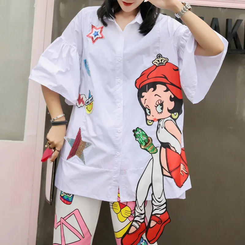 

2021 Spring Summer New Thailand Tide Brand Women Flare Sleeve 3D Cartoon Sequin Patched Shirt Casual Short Sleeves Loose Blouses