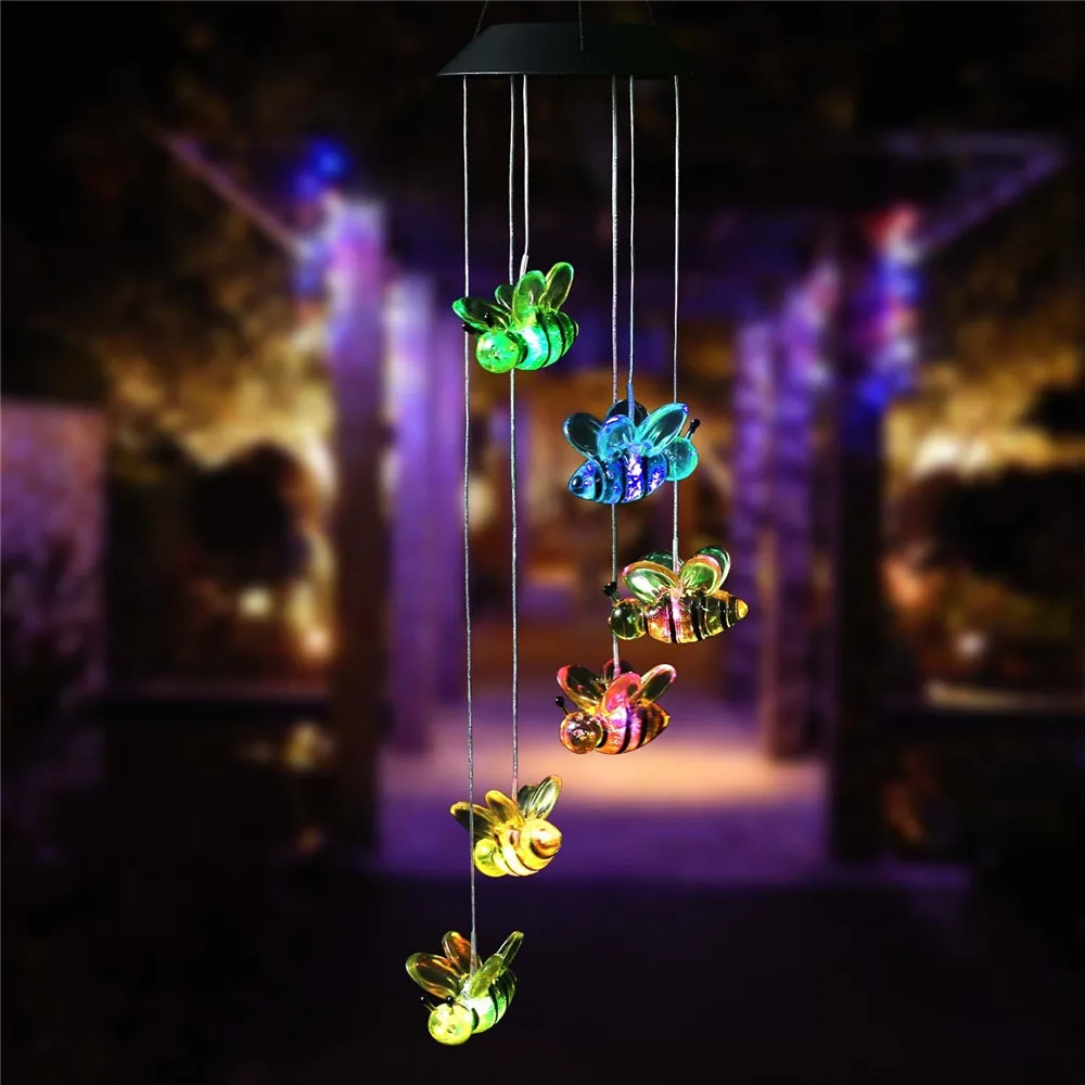Bee Mobile Wind Chimes огни изменение цвета солнечная панельная светодиодная Подвесная