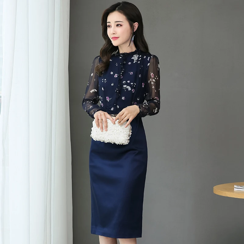 Женское шифоновое платье с цветочным принтом элегантное лоскутное офисное