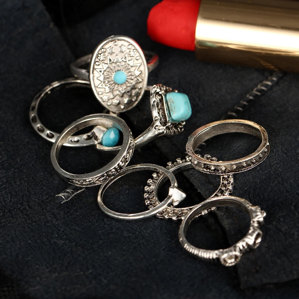 Women Retro Knuckle Ring Sets 8piece /set Blue Stone Jewelry Big Rings Midi Joint Carved Heart Party Fashion | Украшения и