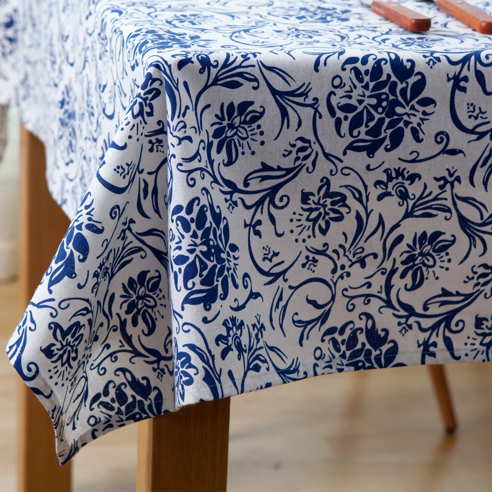 Chinese Style Tablecloth 100% Cotton And Linen Square Rectangular For Dining Living Room Blue White Floral Printed | Дом и сад