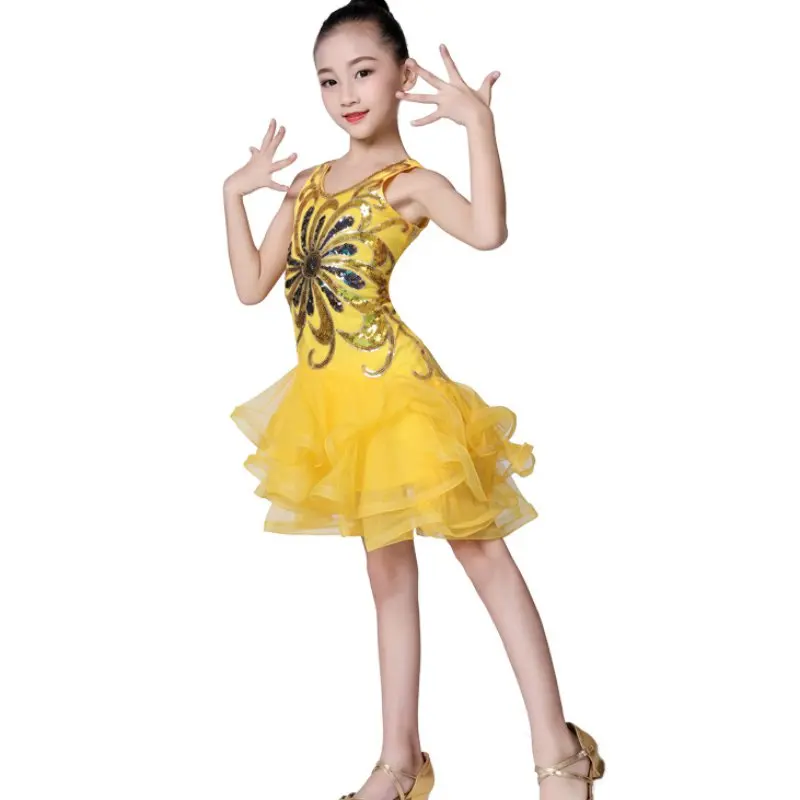 

Children's Girl Dance Wear Dress Latin Dance Sequins Mesh Fluffy Children's Costumes Performance Dance