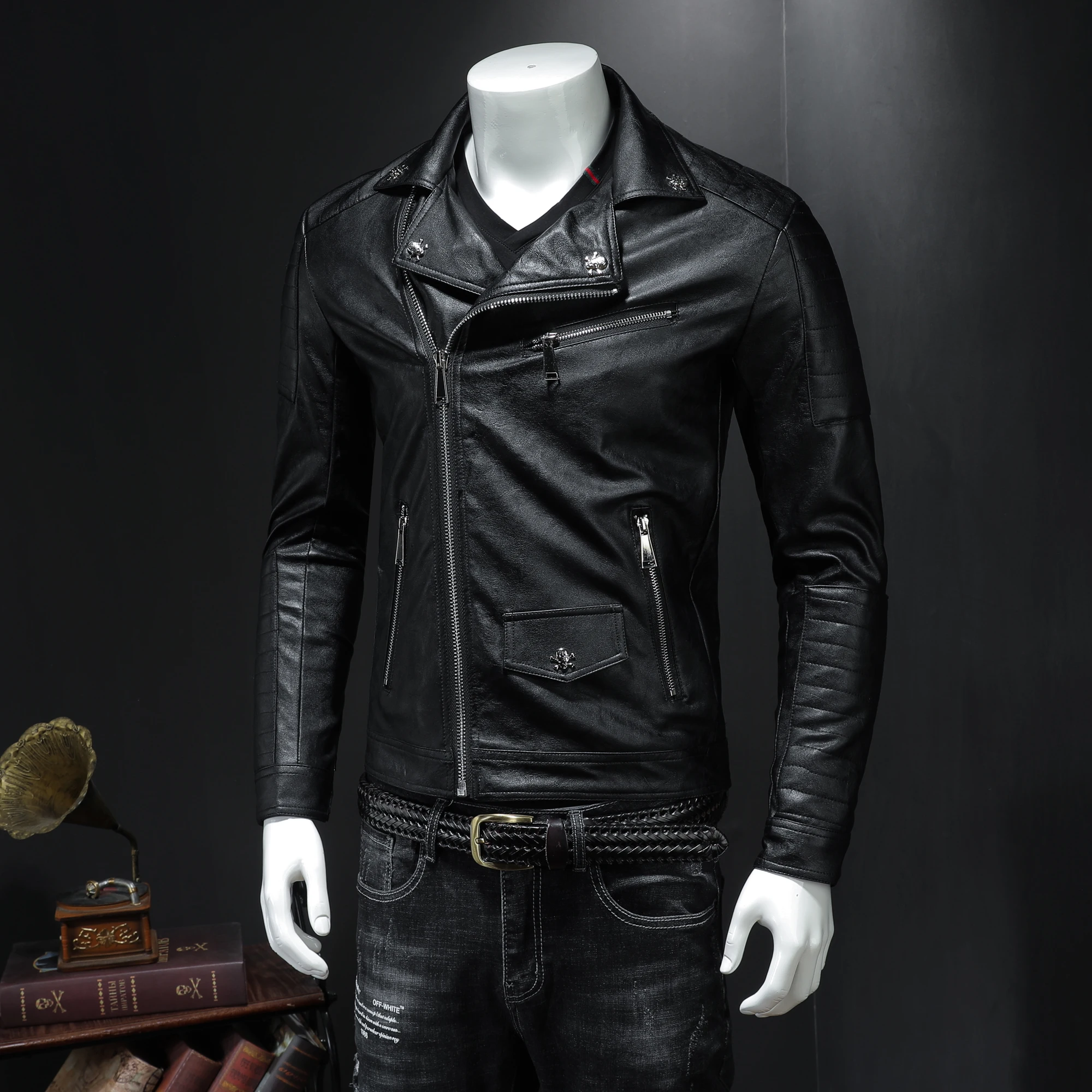 Мужская кожаная куртка повседневная мотоциклетная с черепом 2019|leather jacket men skull|men
