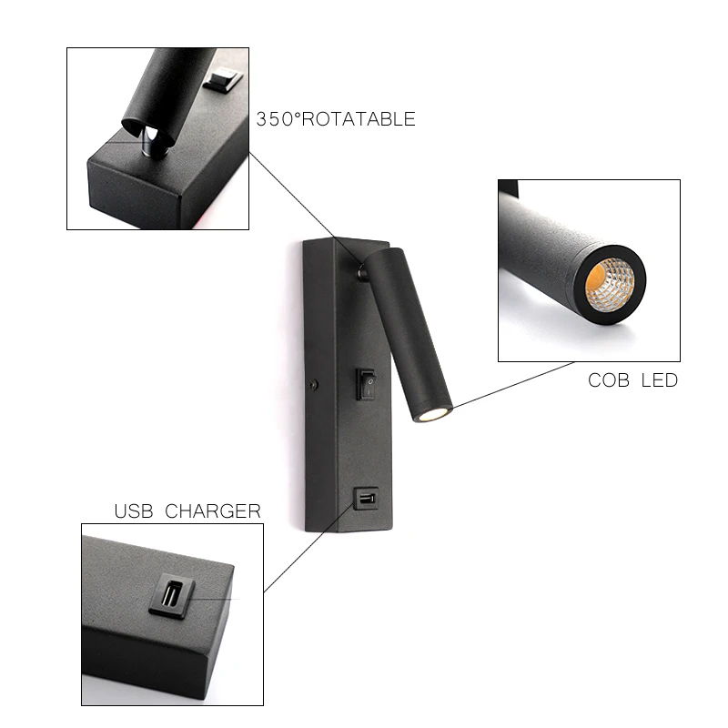Apextech светодиодный настенный светильник прикроватный USB зарядное устройство лампа для чтения современный стиль с выключателем для спальни отеля