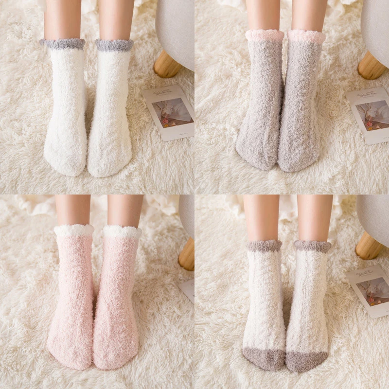 

Socks Women Patchwork Velvet Elegant Female Thicker Warm High Elasticity Womens Home Floor Sock Females Kawaii Ladies Winter