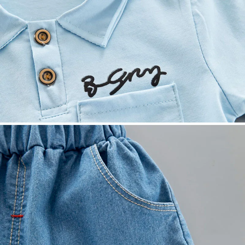 Cotton Toddler Baby Boy Turn-down Collar T-shirt Clothes Sets Summer Crown Jeans Short Children Clothing Costume for Kids Suits |
