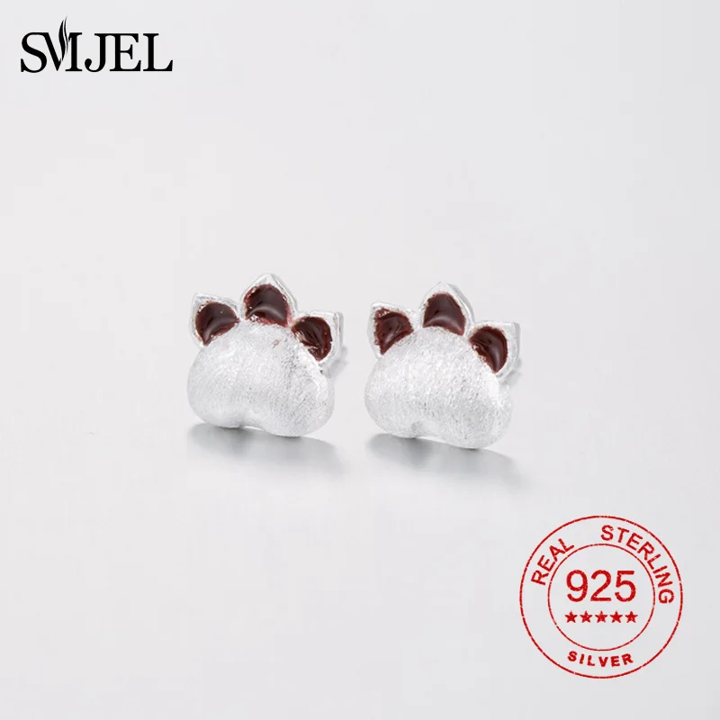 Женские серьги гвоздики SMJEL из серебра 925 пробы с эмалью в виде кошачьей лапы