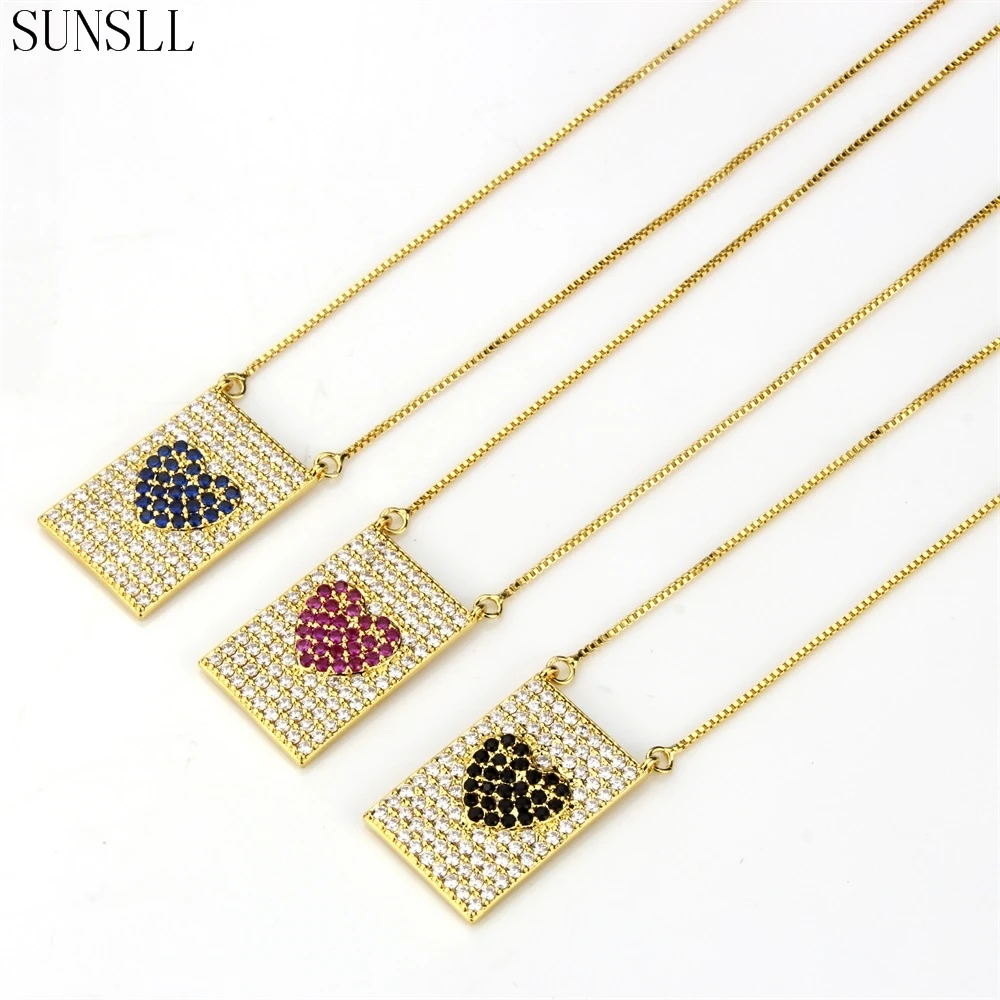 SUNSLL золотистая медная подвеска с разноцветным кубическим цирконием Love Heart Rectan