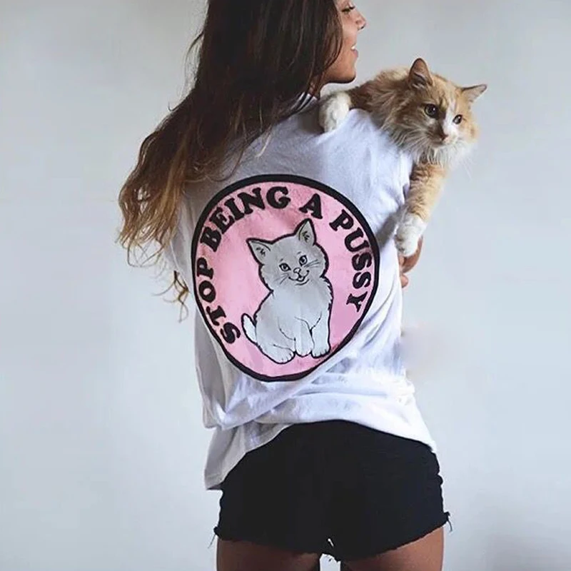 Cartoon Woman Basic T-shirt Pink Cat Punk Hiphop Style Cotton Sexy Funny T Shirts 2016 Street Fashion Stop Being A Pussy | Женская