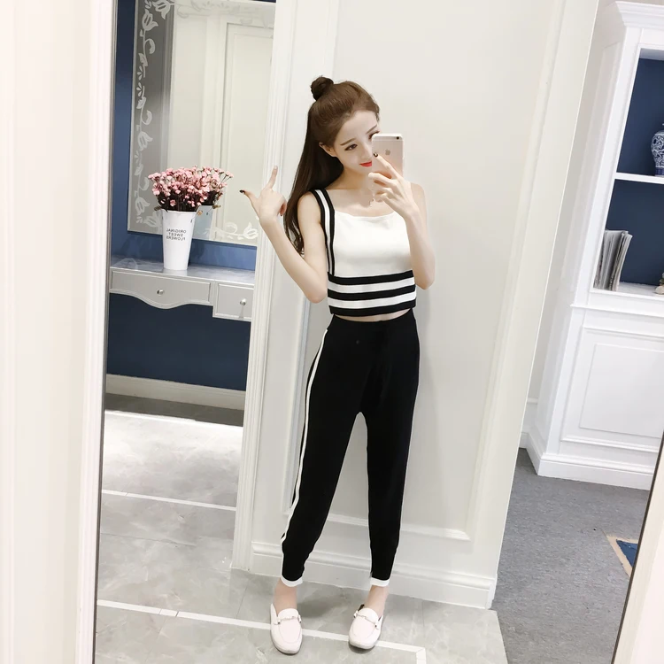 LKGHULO 2018 Two Piece Set Tracksuit Stripe Sexy Sleeveless Sweatsuits For Women Sets Cropped Survetement Femme military A687 | Женская