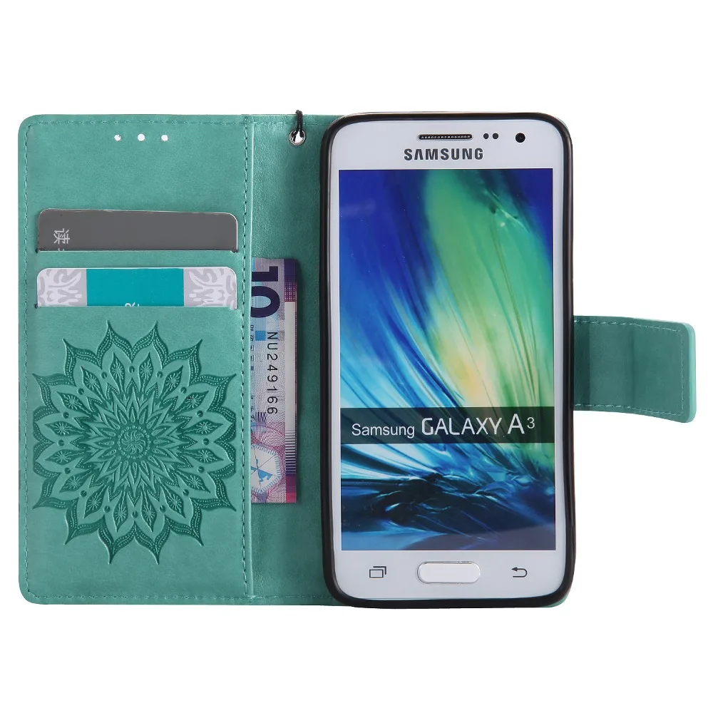Мода Fundas Флип Подсолнечное бумажник Case для Samsung A3 A3000 A300F + Закаленное Стекло