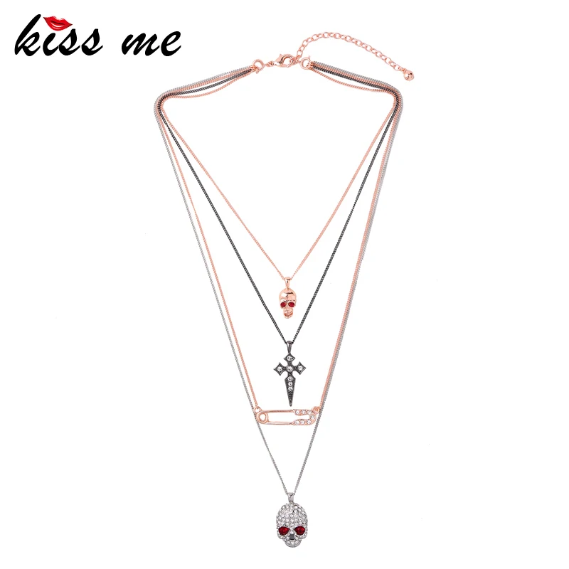 Женское ожерелье с подвеской в виде черепа KISS ME Многоуровневая цепочка из сплава