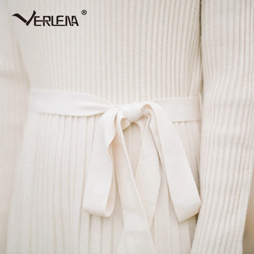 High Waist Roll Neck Rib Solid White Jumper Sweater Dress Elegant Women Long Sleeve Belt Spring Knitted VERLENA New 2019 | Женская