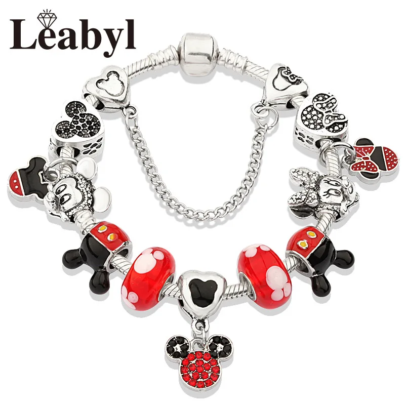 L80898 Милое платье принцессы с красной эмалью, браслет Minnie, серебряный замок, браслет из бисера, сделай сам, муранский кристалл, очаровательный браслет, браслеты для девочек - Metal Color: L80898
