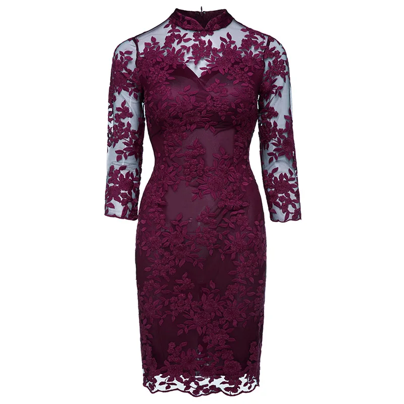 burgundy Tanpell коктейльное платье с высоким воротом цвета слоновой кости с аппликацией, кружевное прямое платье длиной до колена, женские вечерние короткие коктейльные платья с рукавами 3/4 - Цвет: burgundy