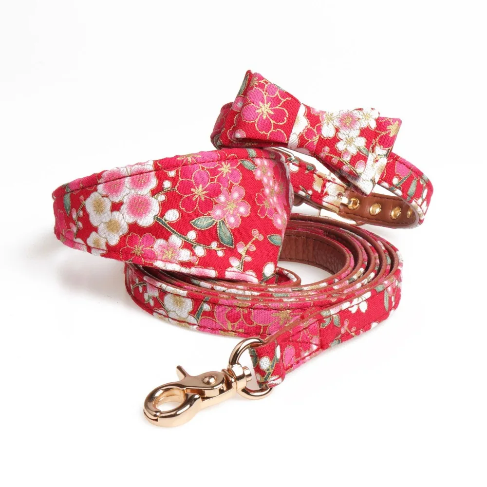 

Pets Puppy Cats Collar Flower Print Bowknot Small Dogs Adjustable Leads Leashes Leather Neck Strap Chihuahua Bandana Collars