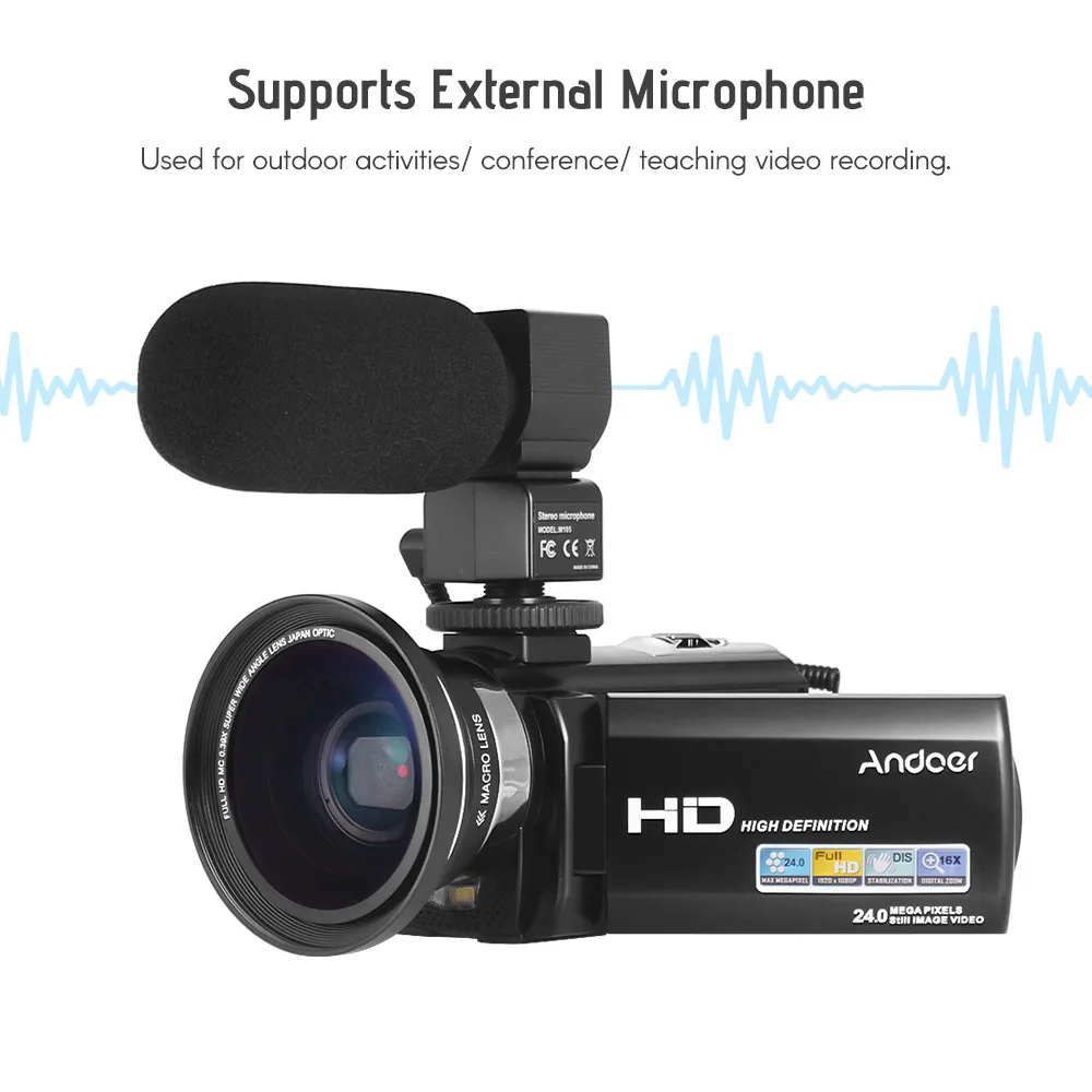 Andoer 1080p Fhd Цифровая видеокамера Dv рекордер 24mp 16x цифровой зум с 2 шт аккумуляторами 3,0 дюймовый ЖК-экран