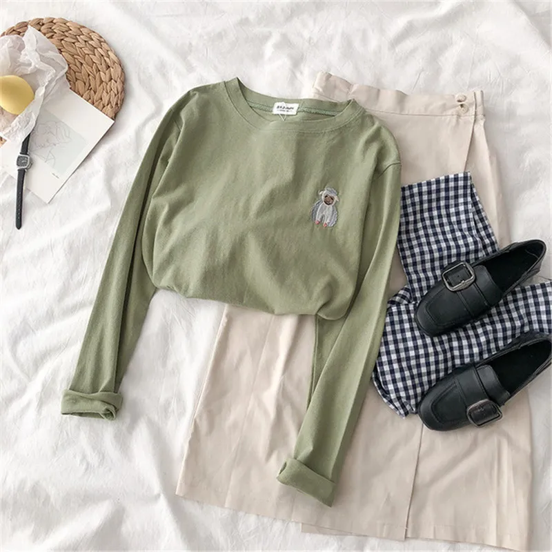 bean green Забавный мультфильм животных вышивка футболка Femme Harajuku Винтаж Хлопок Уличная Повседневная конфеты Kawaii женские футболки топы - Цвет: bean green