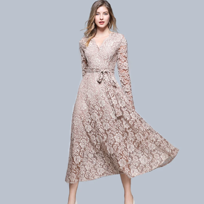 Элегантные женские кружевные Длинные платья OL зимние вечерние пояс для с талией