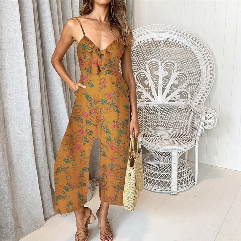 Ursohot Floral Print Jumpsuit Sleeveless V Neck Playsuit Pocket Spaghetti Strap Rompers Beach Loose Summer Overalls For Women | Женская