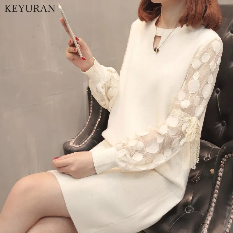 Beige white Новинка, Осень-зима, длинный свитер, платье для женщин, пуловер, женский, сетка, длинный рукав, пэчворк, вязаный свитер, платья, большой размер, 2375 - Цвет: Beige white